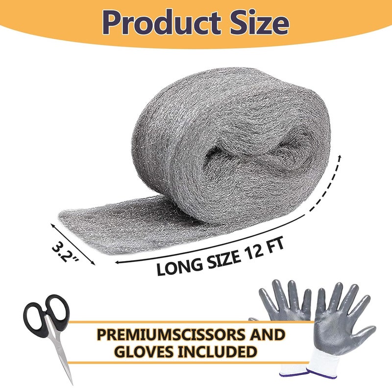 Klfte Steel Wool for Mice Control, 3.2" x12 ft Wool, Gap Filler for Home & Garage, DIY Bundle with Gloves & Scissors - 5 Pack - Image 3